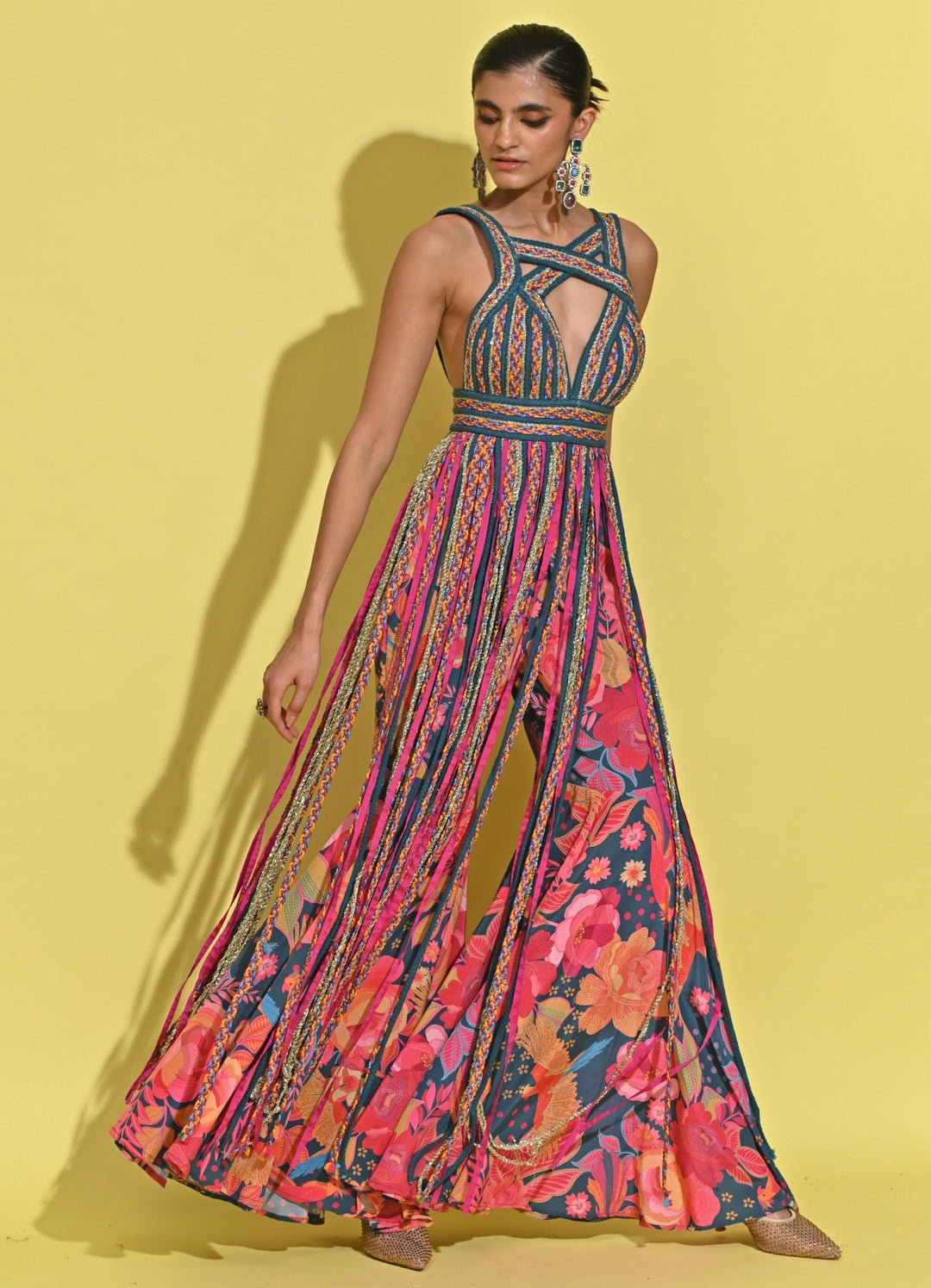 Blue And Pink Crepe Pants Set