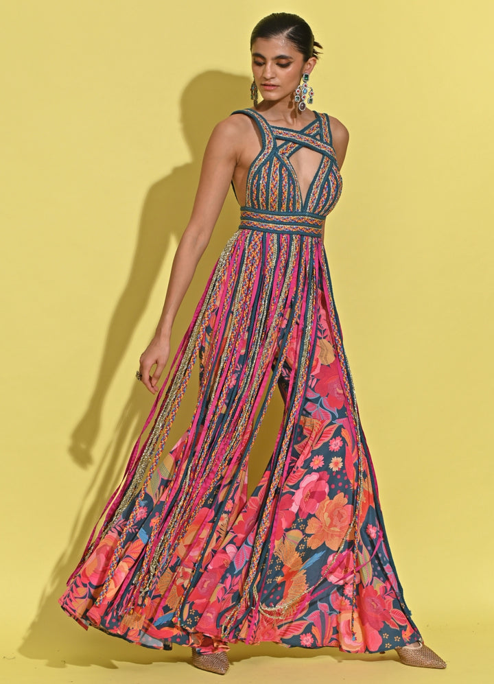 Blue And Pink Crepe Pants Set