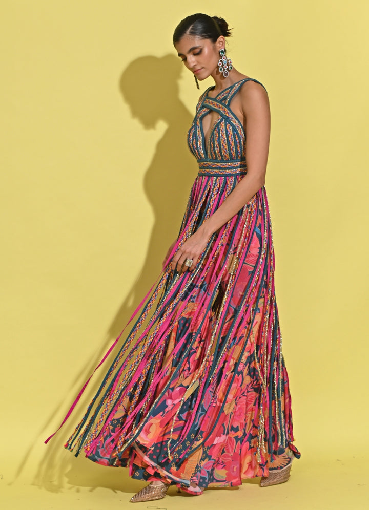 Blue And Pink Crepe Pants Set