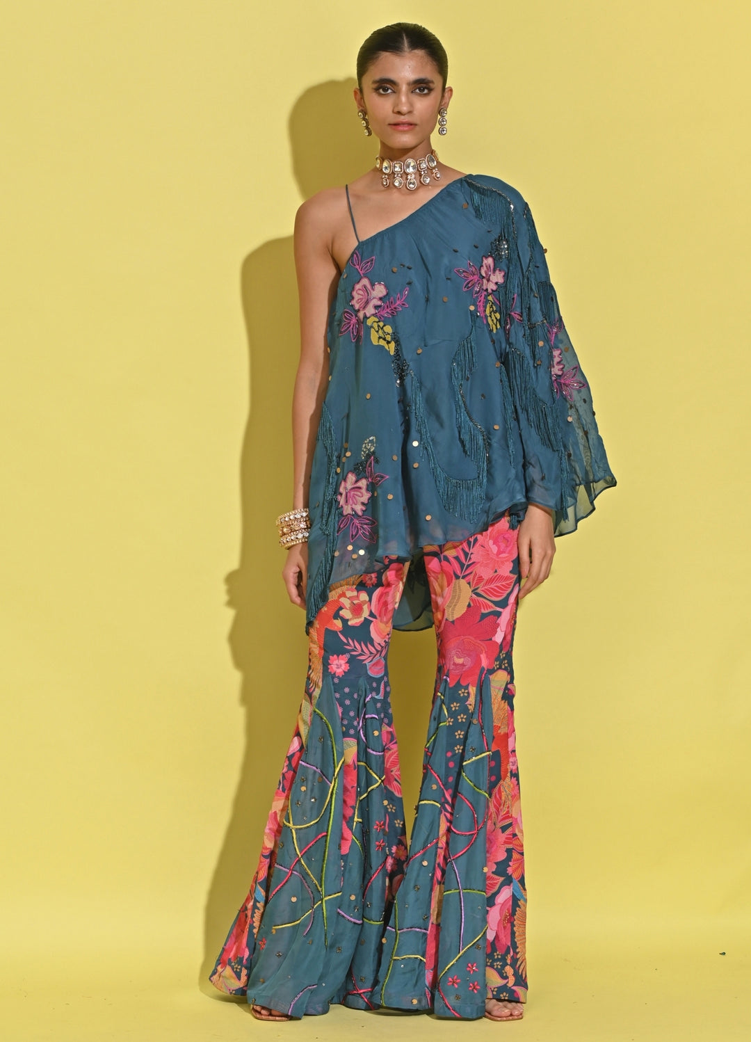 Blue Printed Crepe Pants Set