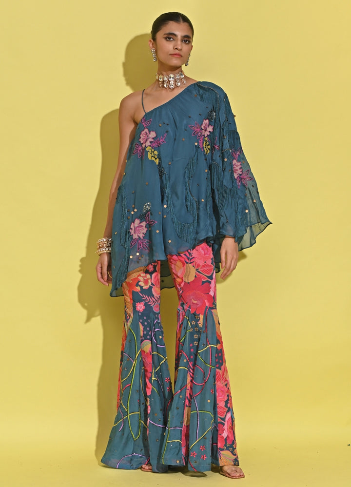 Blue Printed Crepe Pants Set