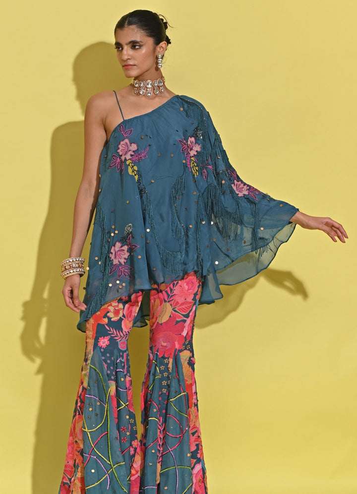Blue Printed Crepe Pants Set