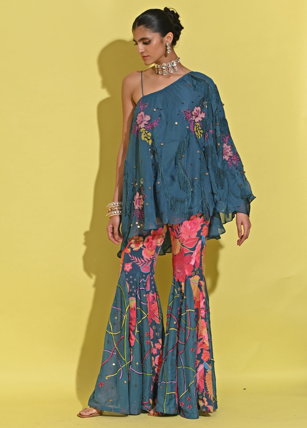 Blue Printed Crepe Pants Set