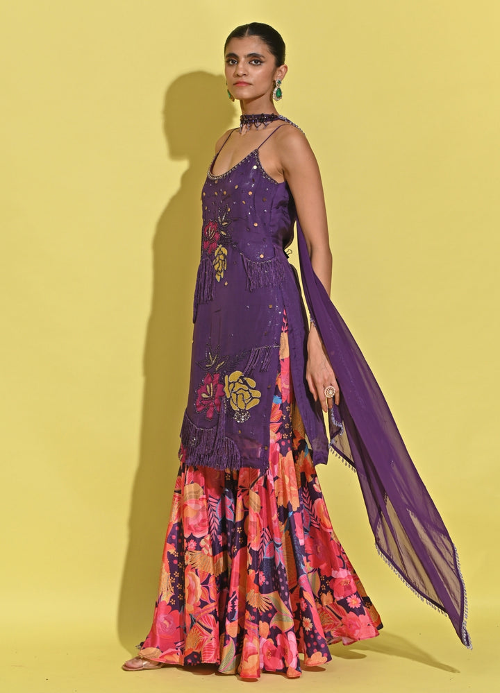 Purple And Pink Crepe Kurta Sharara Set