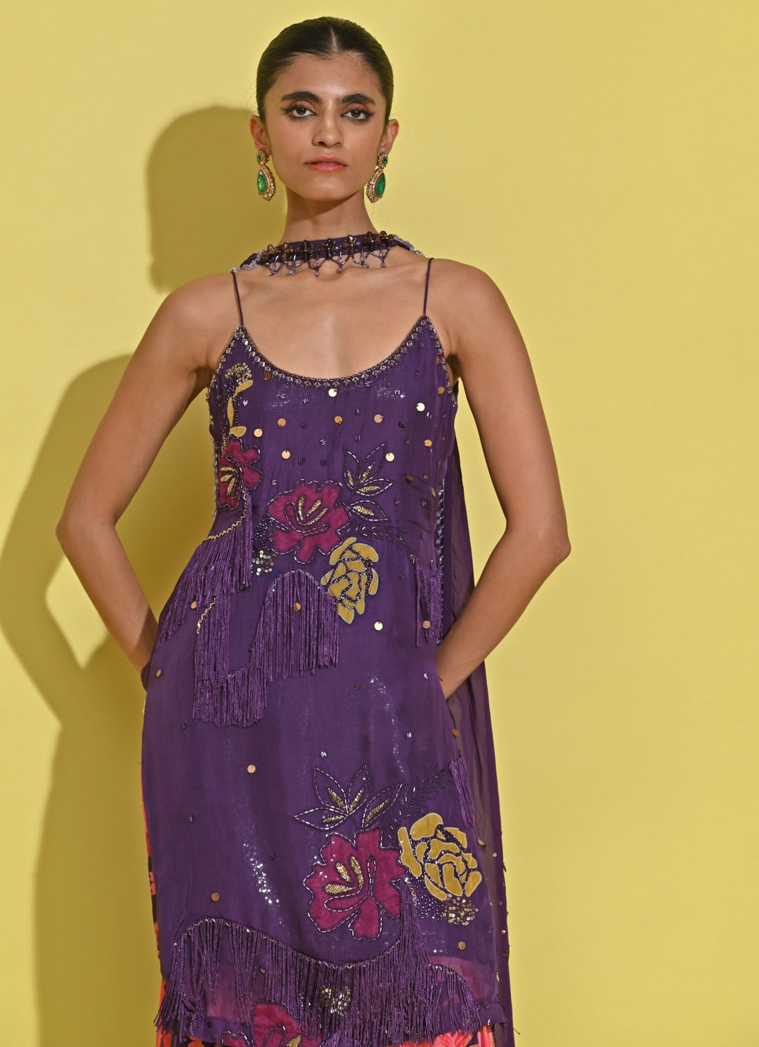 Purple And Pink Crepe Kurta Sharara Set