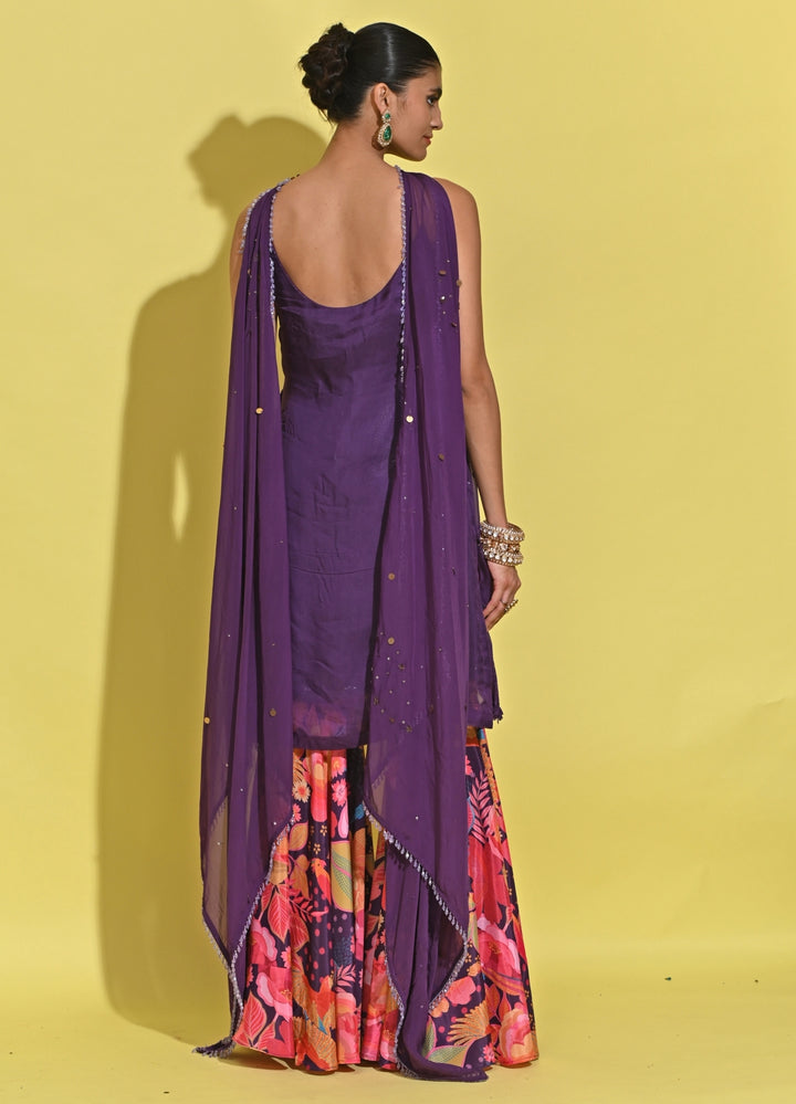 Purple And Pink Crepe Kurta Sharara Set