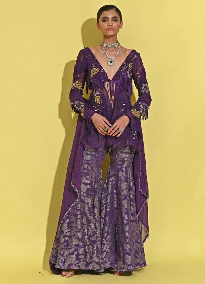 Purple Georgette Peplum Kurta Sharara Set