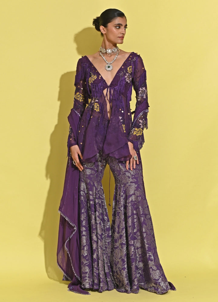 Purple Georgette Peplum Kurta Sharara Set