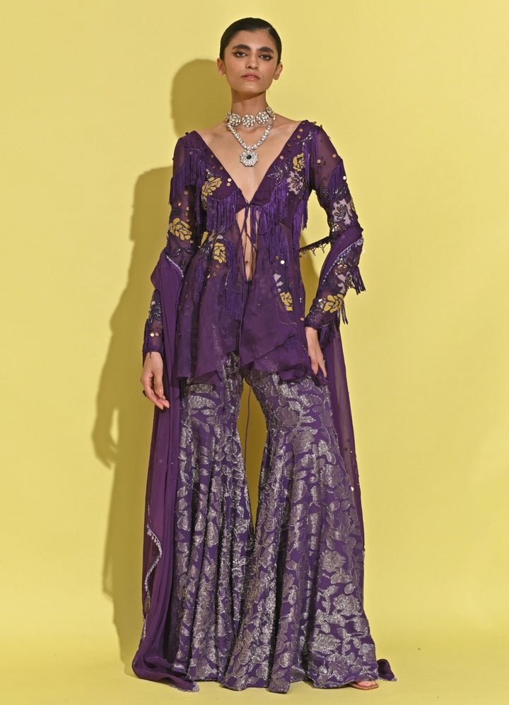 Purple Georgette Peplum Kurta Sharara Set