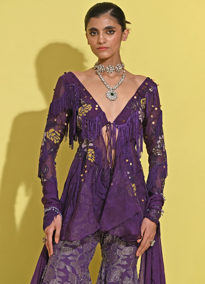 Purple Georgette Peplum Kurta Sharara Set