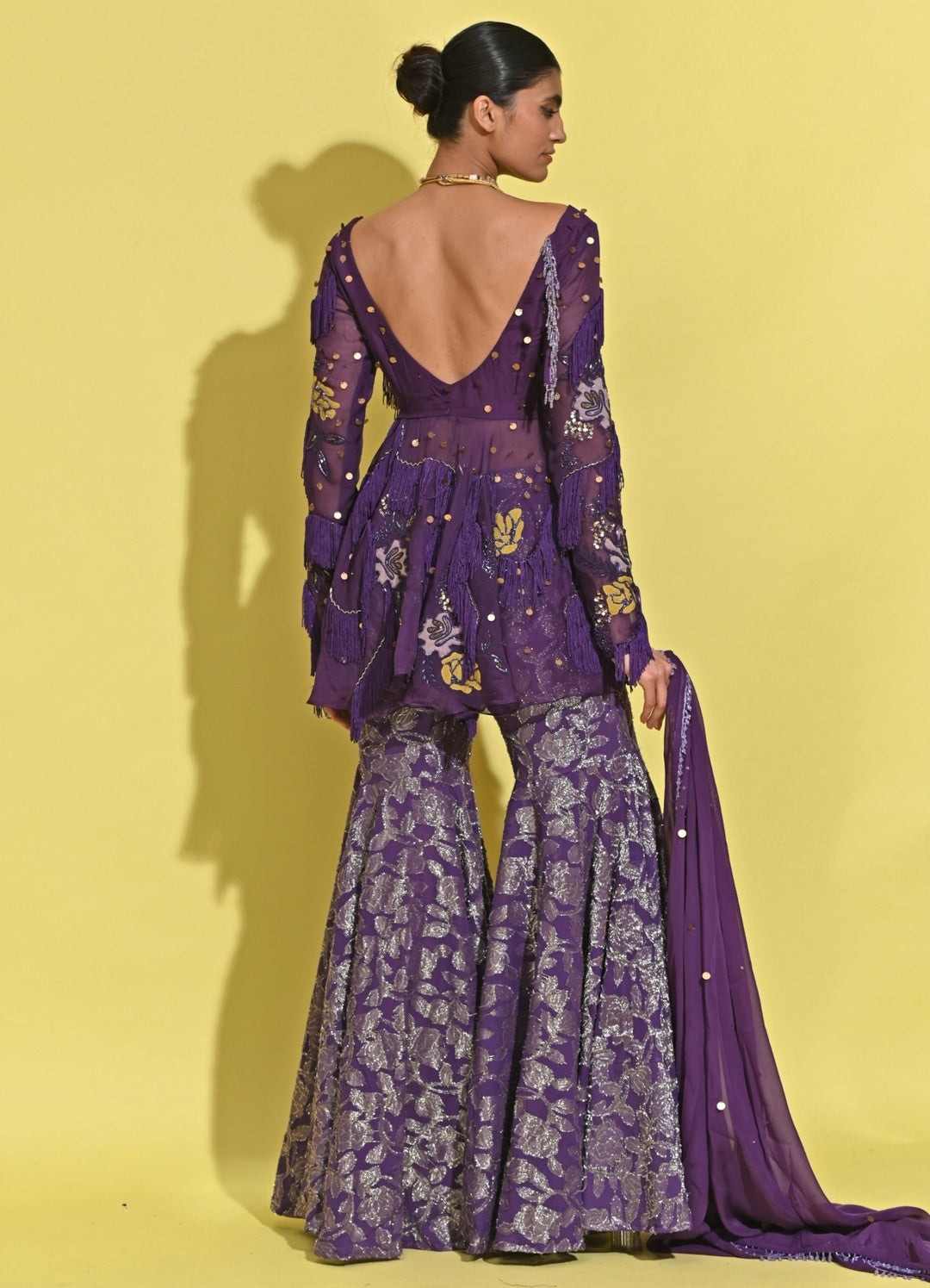 Purple Georgette Peplum Kurta Sharara Set