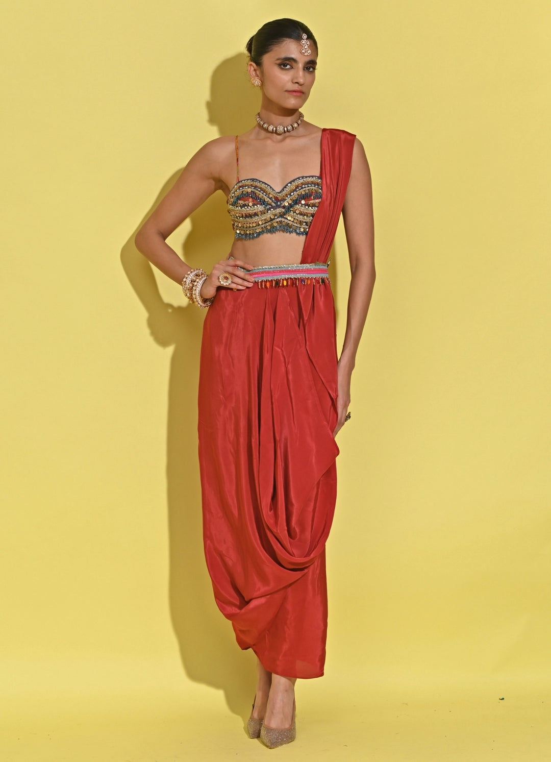Crimson Red Crepe Concept Saree Set