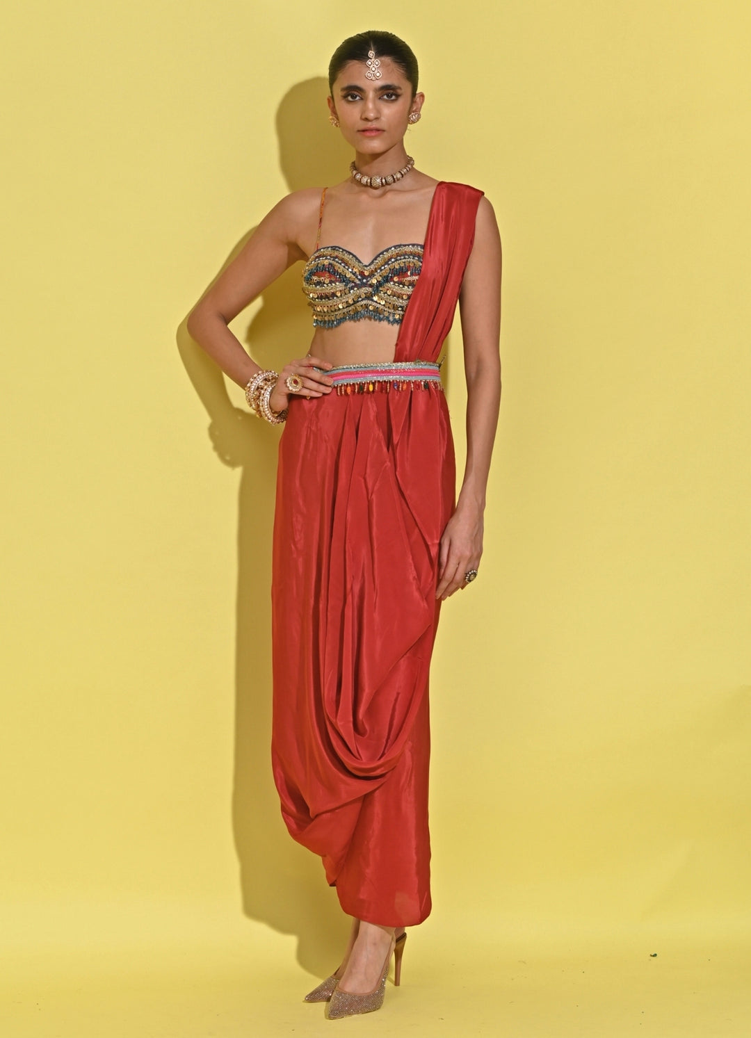 Crimson Red Crepe Concept Saree Set