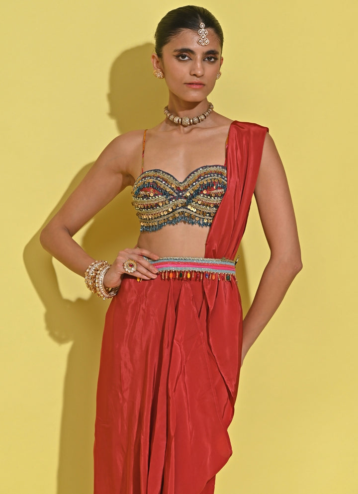 Crimson Red Crepe Concept Saree Set