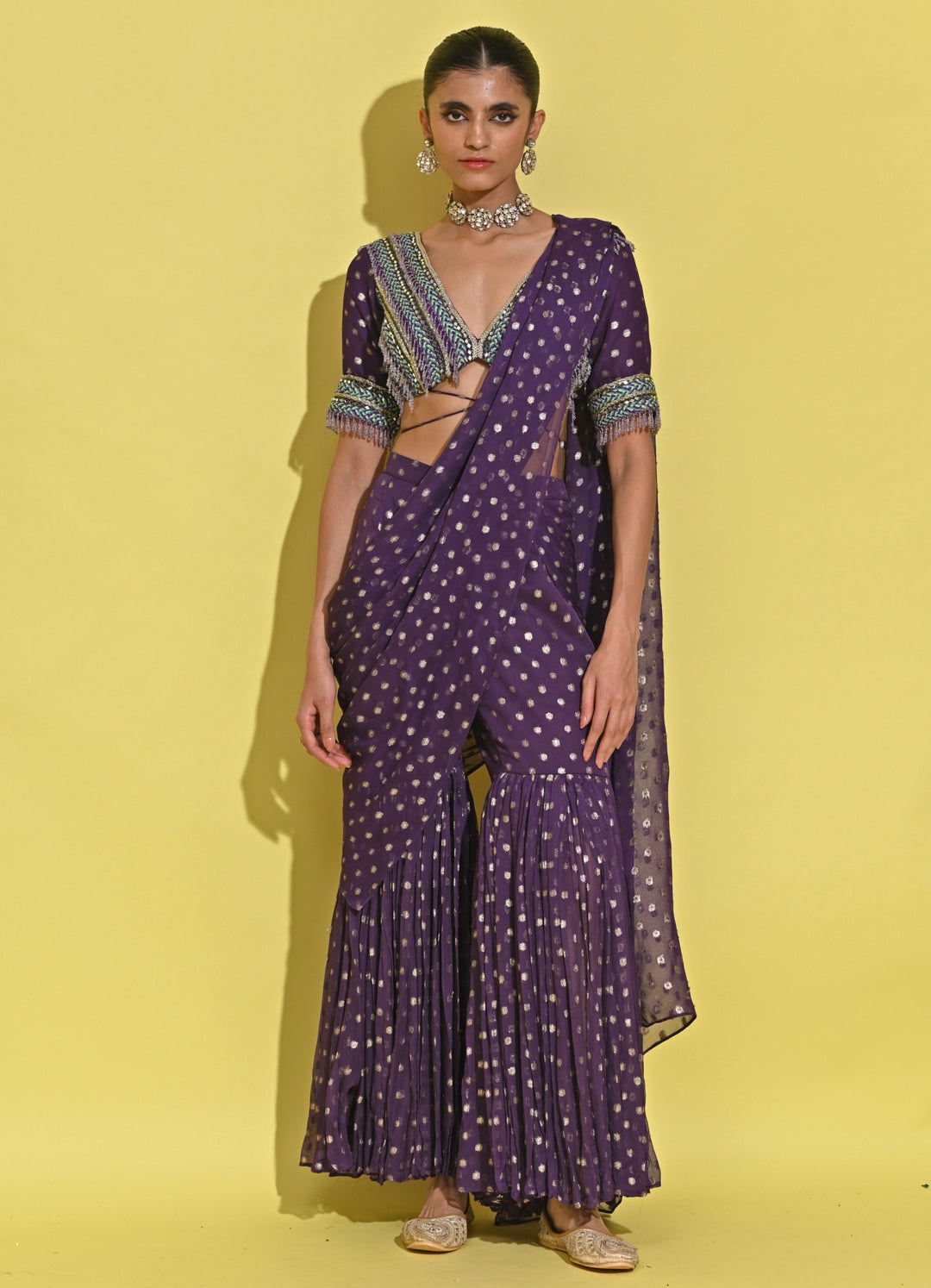 Purple Printed Georgette Pant Saree Set
