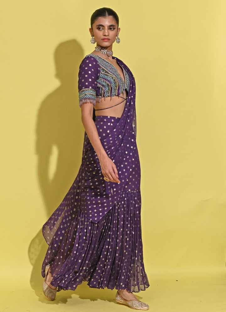 Purple Printed Georgette Pant Saree Set