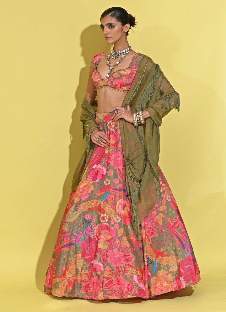Green And Pink Printed Crepe Lehenga Set