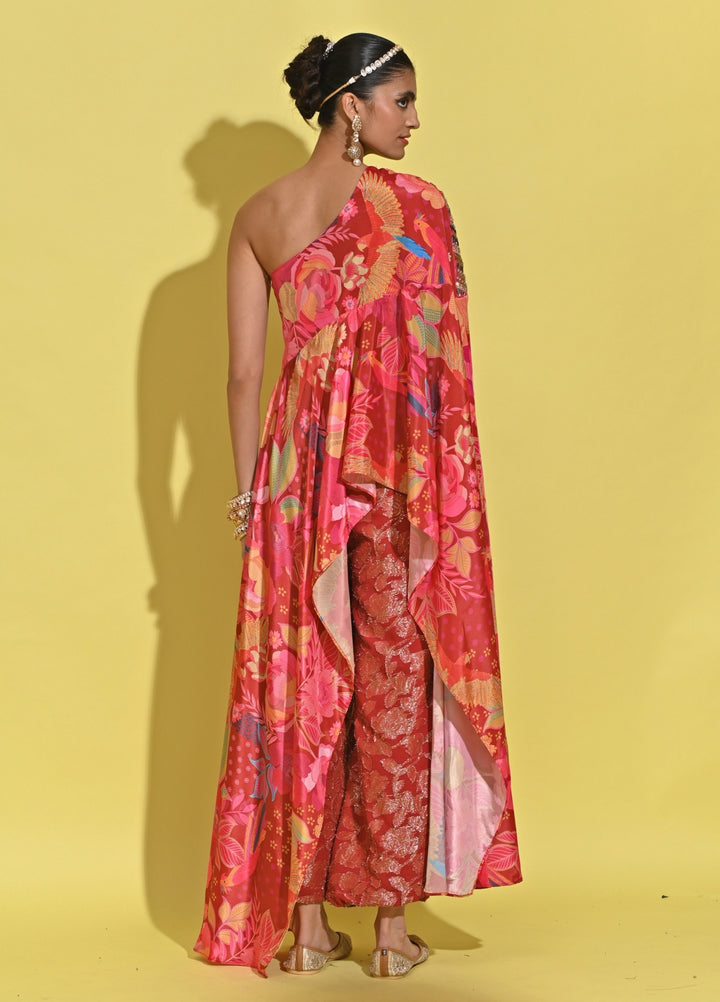 Crimson Red Printed Crepe Pants Set