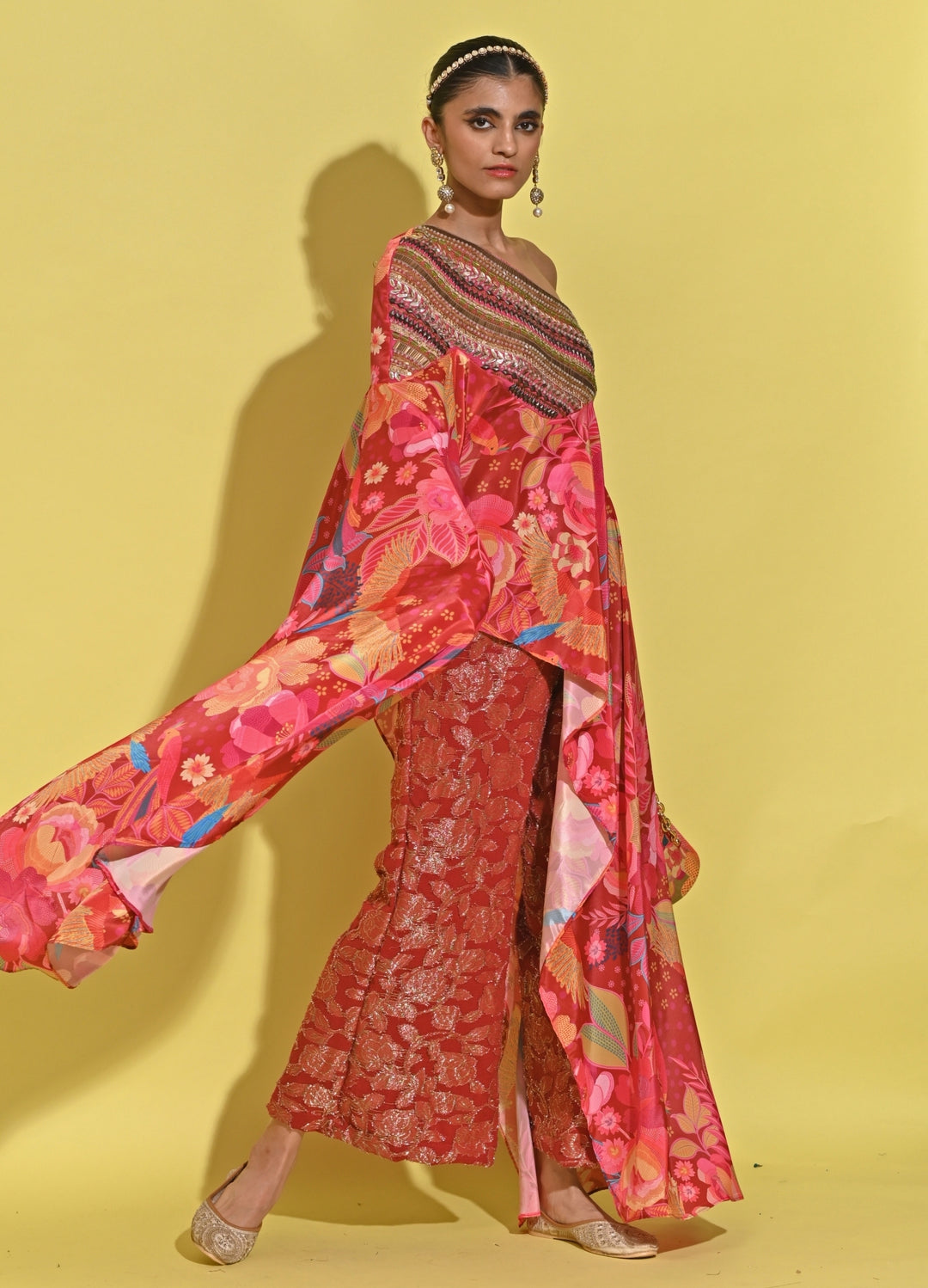 Crimson Red Printed Crepe Pants Set