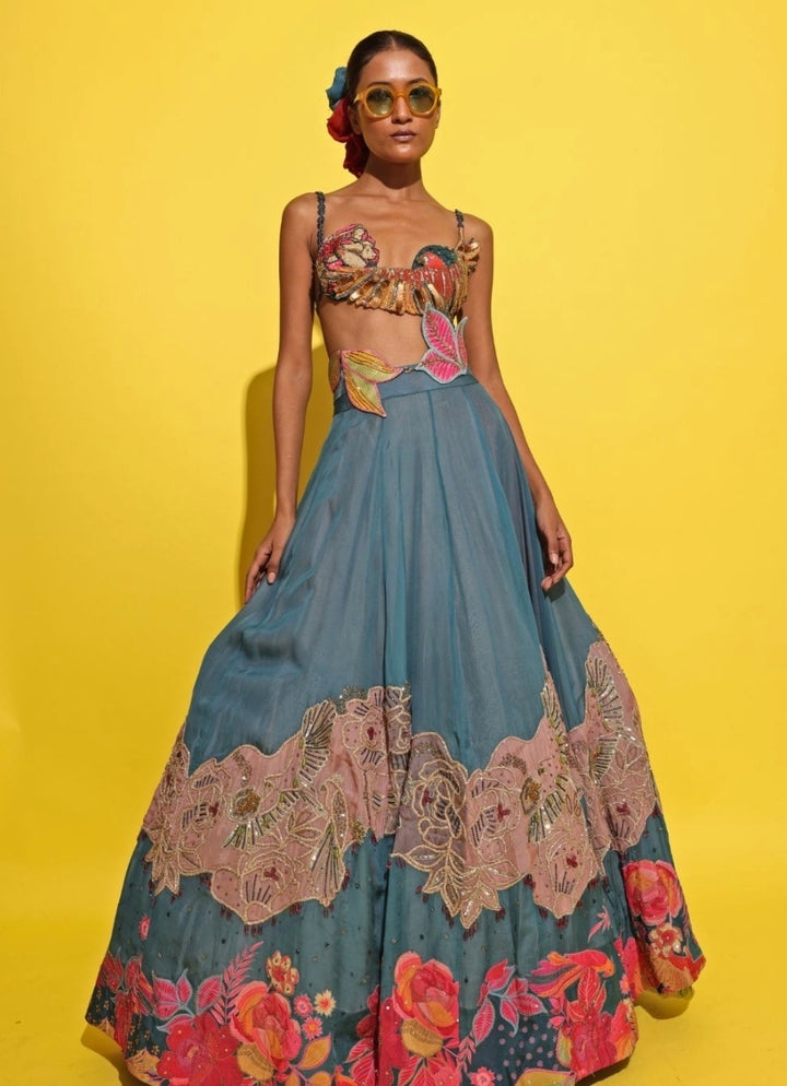 Blue Organza Lehenga Set