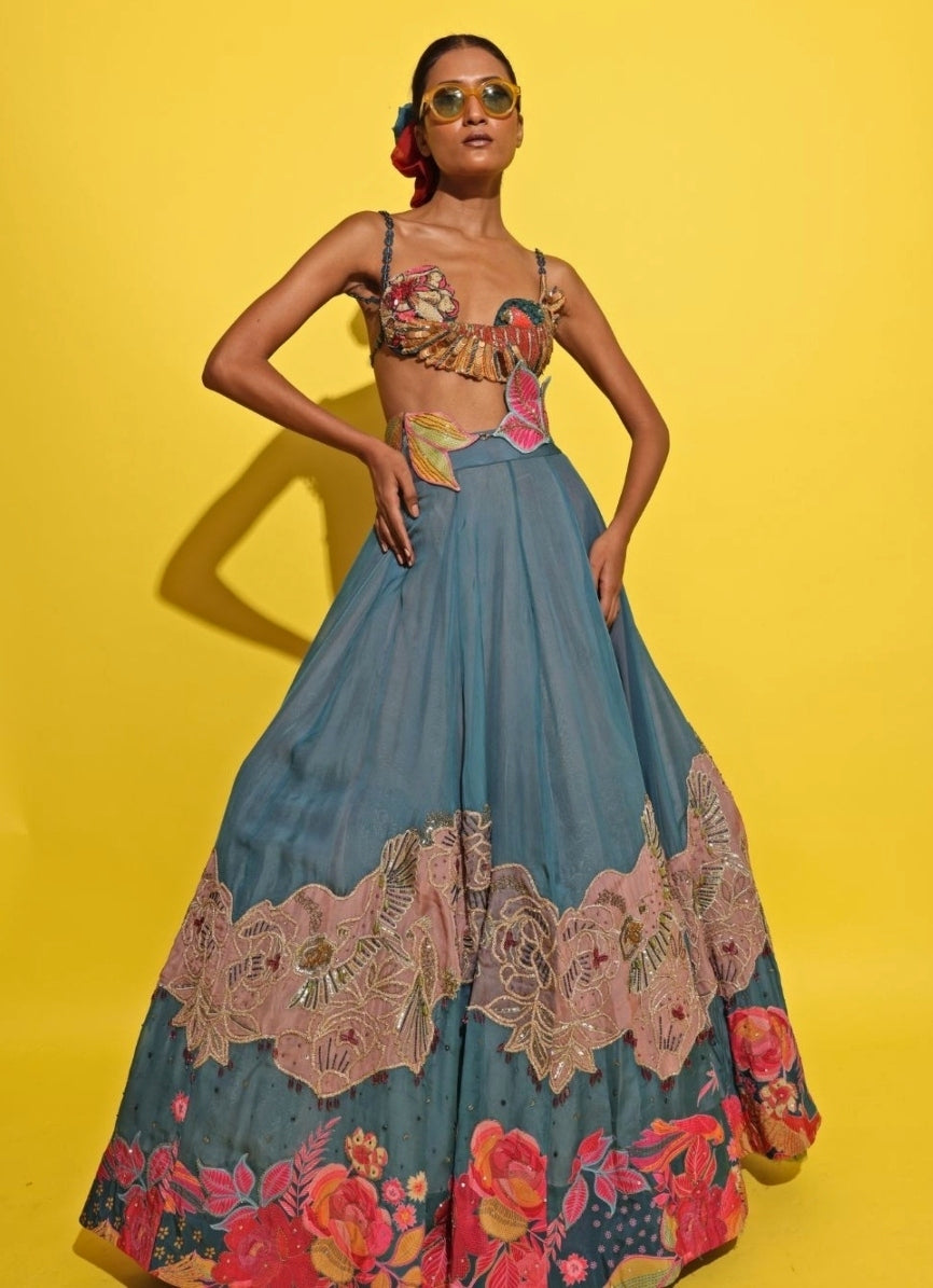 Blue Organza Lehenga Set
