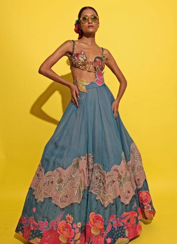 Blue Organza Lehenga Set