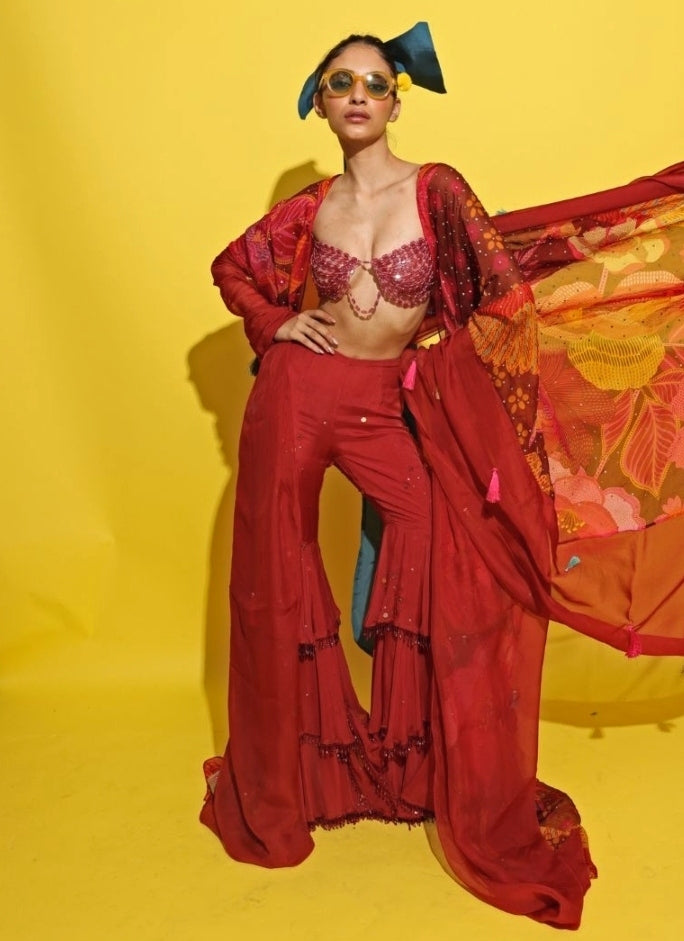 Crimson Red Crepe Sharara Set With Cape