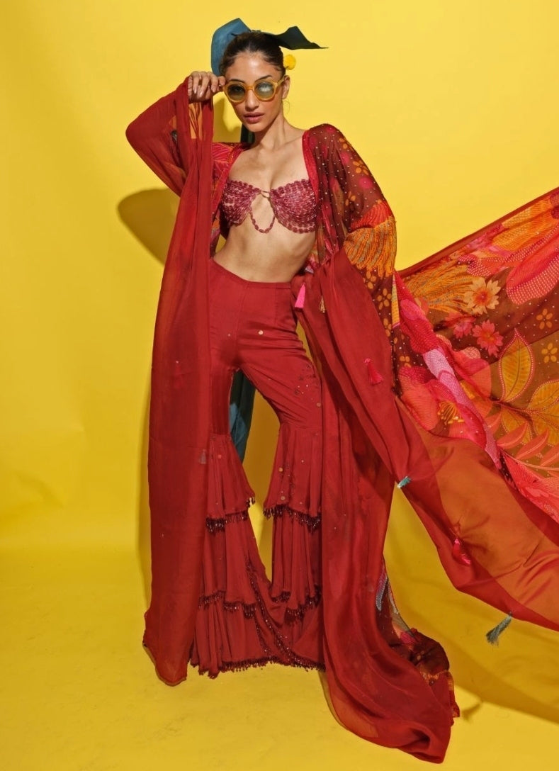 Crimson Red Crepe Sharara Set With Cape