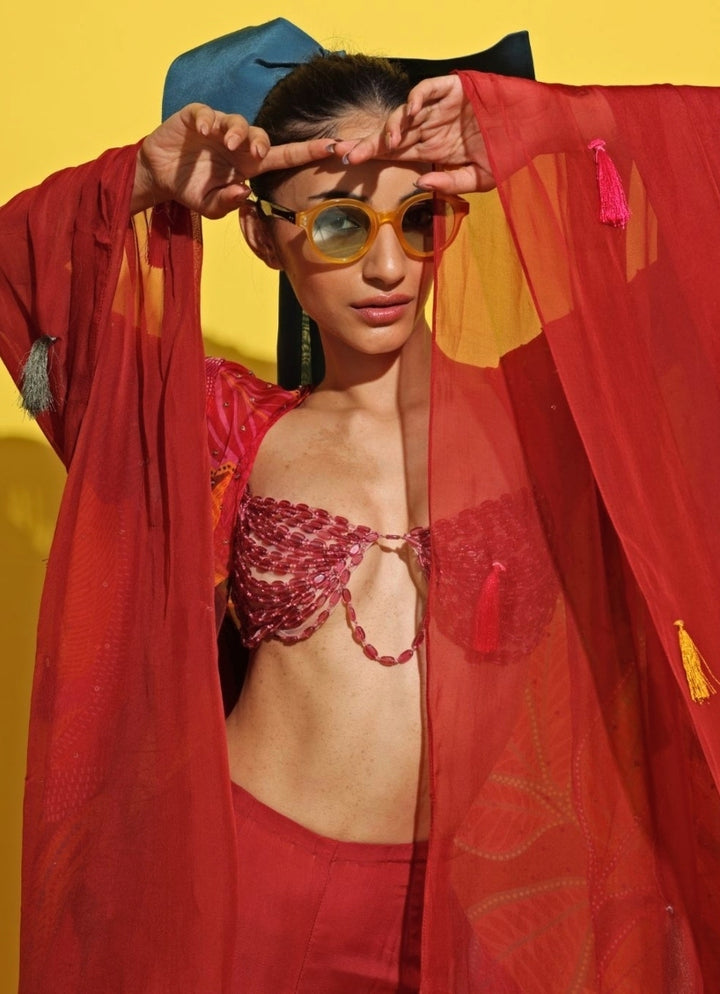 Crimson Red Crepe Sharara Set With Cape