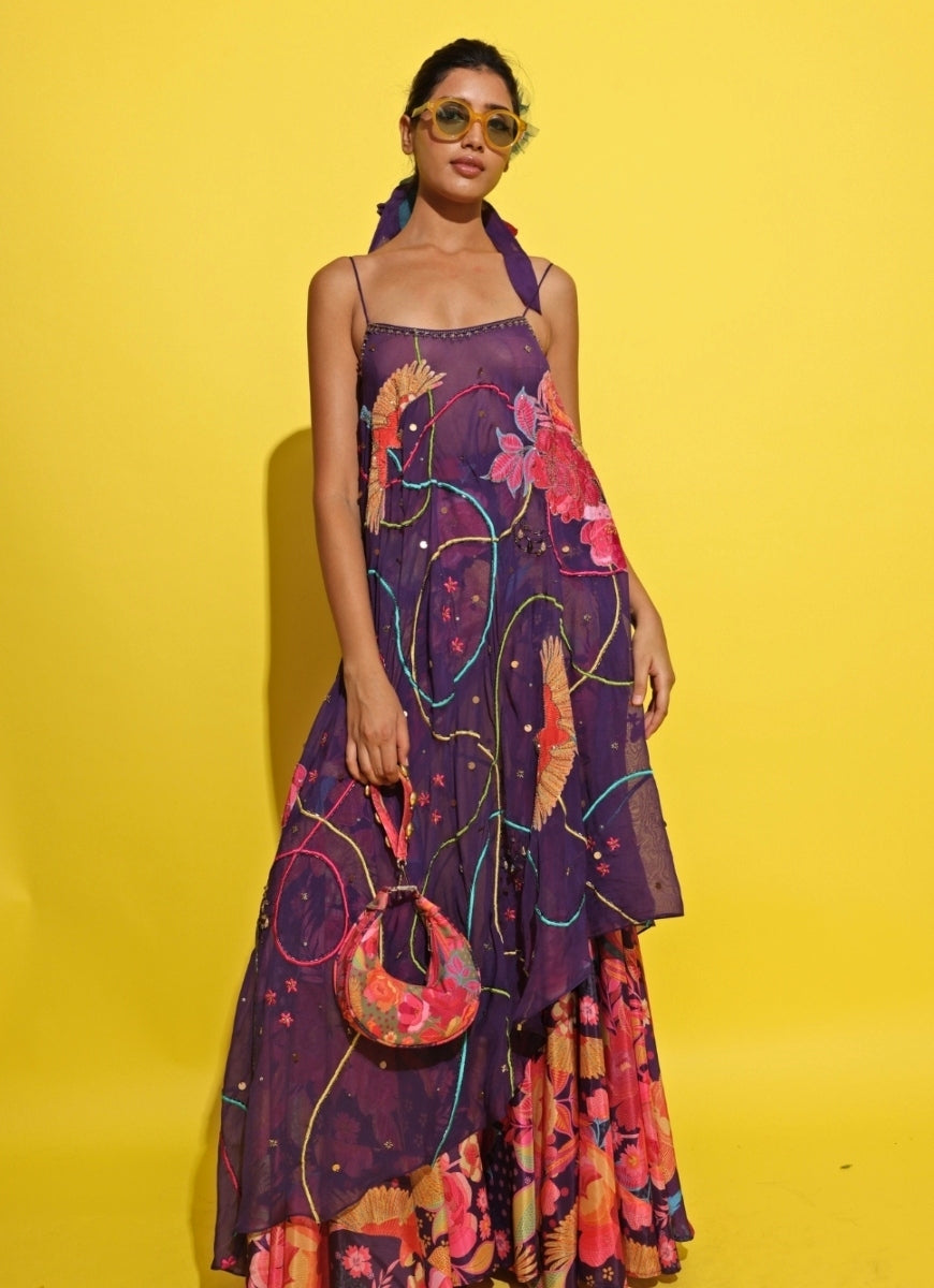 Purple Printed Crepe Asymmetric Kurta Pants Set