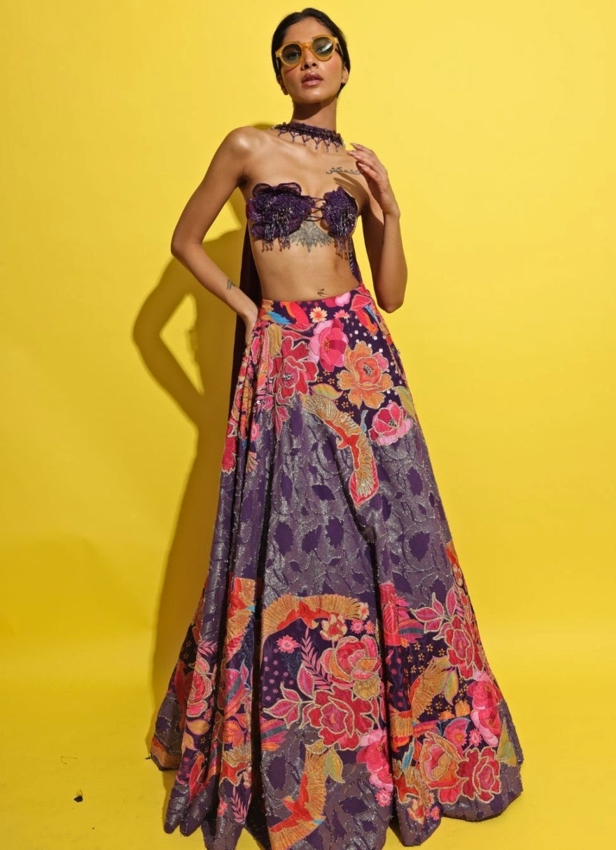 Purple Printed Jacquard Lehenga Set