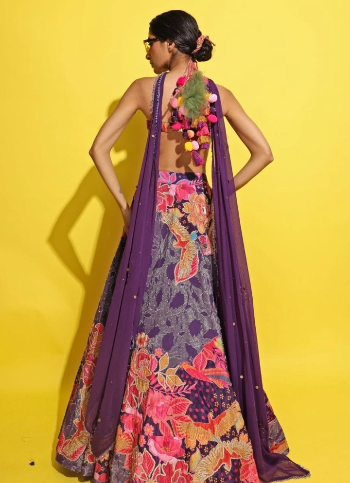 Purple Printed Jacquard Lehenga Set