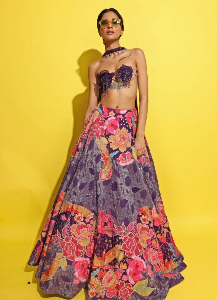 Purple Printed Jacquard Lehenga Set