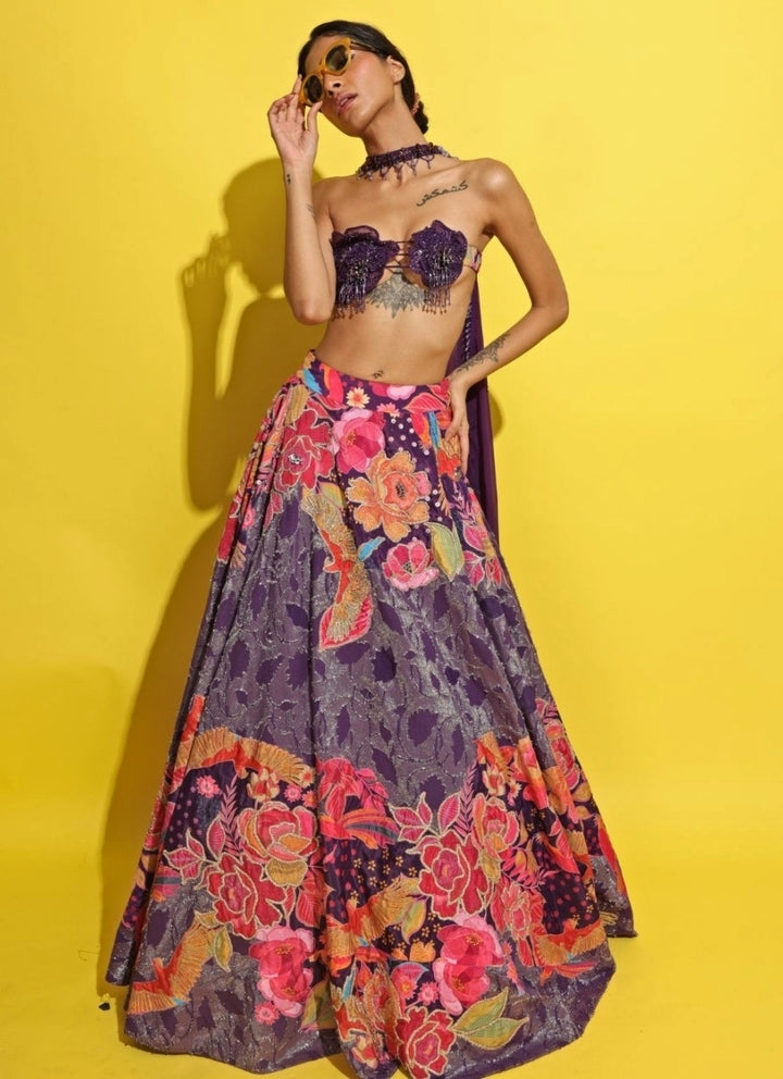 Purple Printed Jacquard Lehenga Set