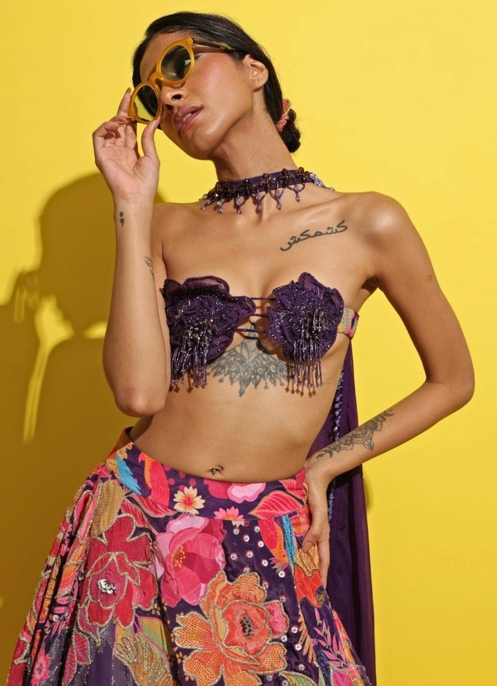 Purple Printed Jacquard Lehenga Set