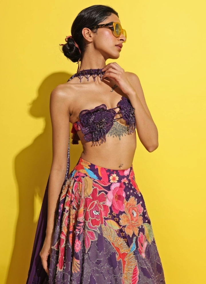 Purple Printed Jacquard Lehenga Set