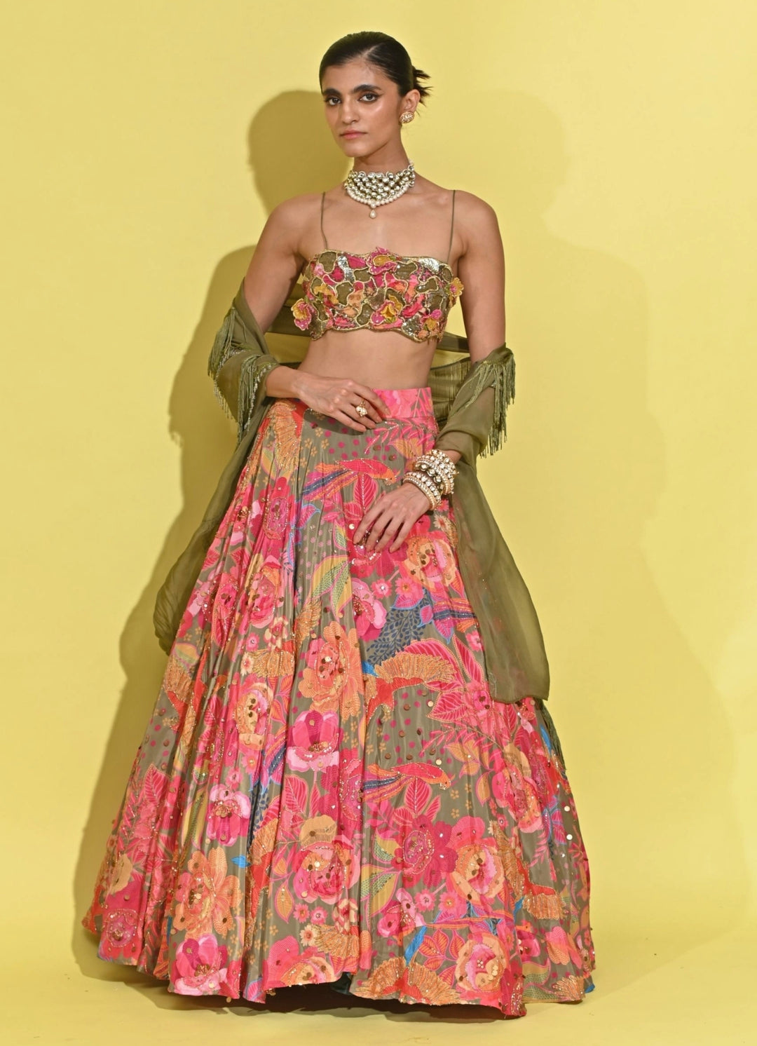 Pink And Green Printed Crepe Lehenga Set