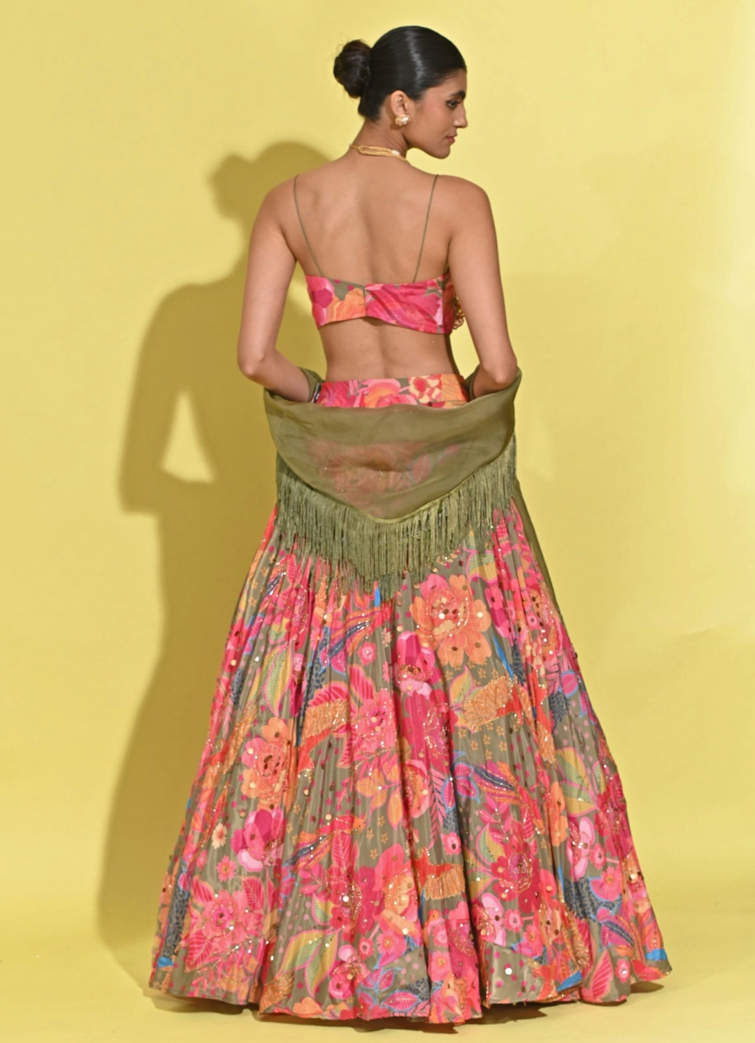 Pink And Green Printed Crepe Lehenga Set