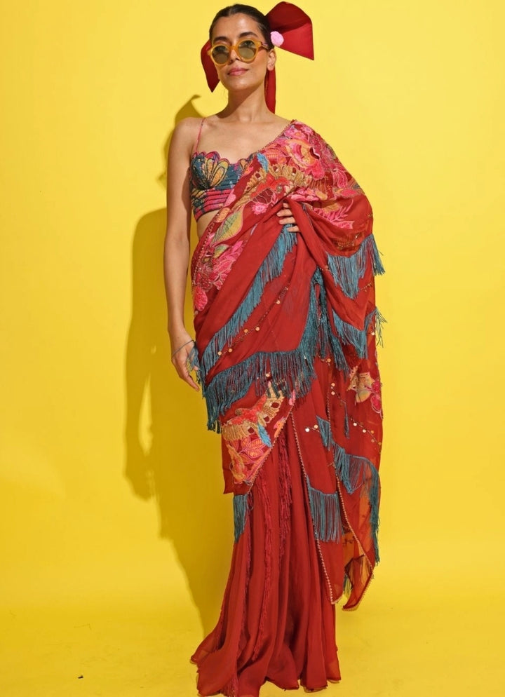Crimson Red Organza Pre-Draped Saree
