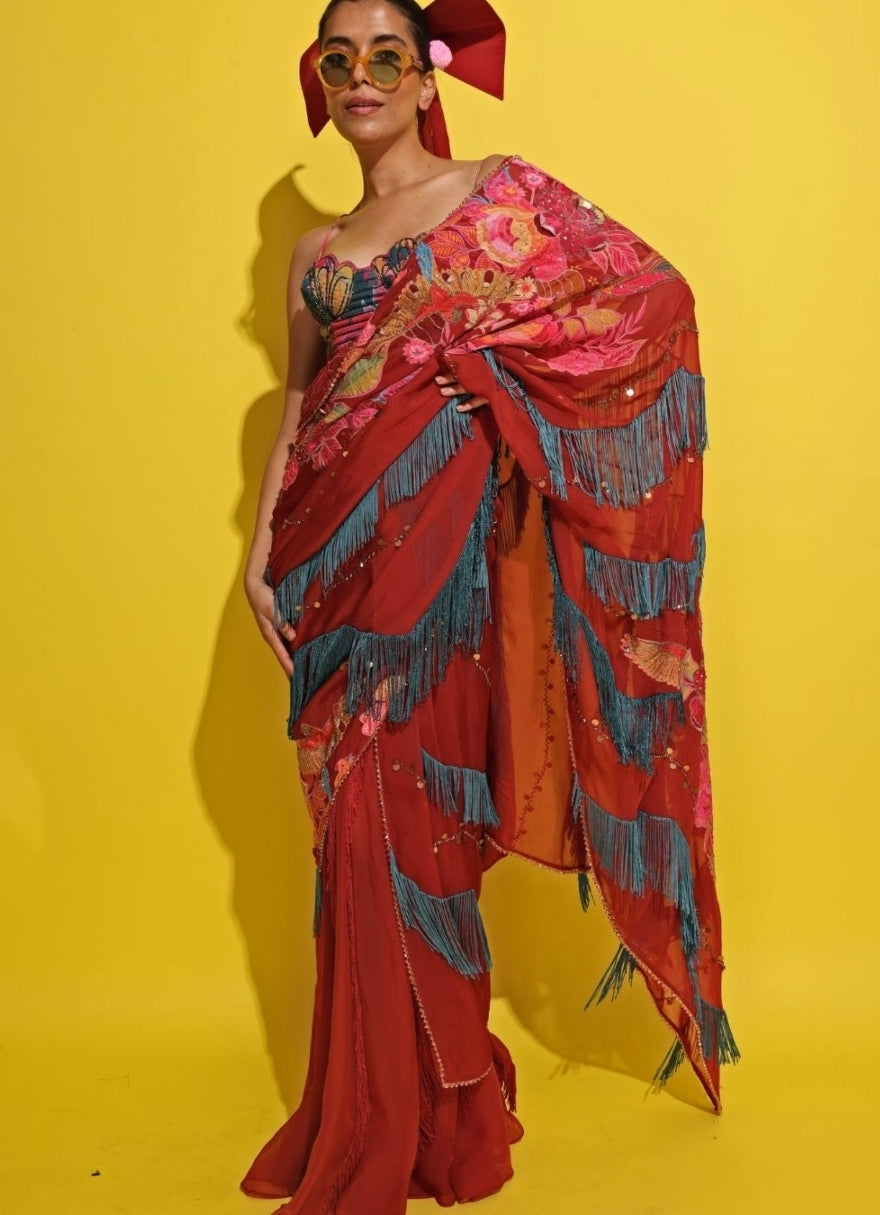 Crimson Red Organza Pre-Draped Saree