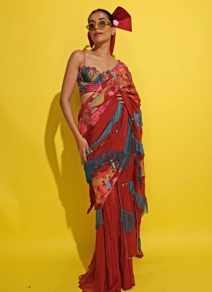 Crimson Red Organza Pre-Draped Saree