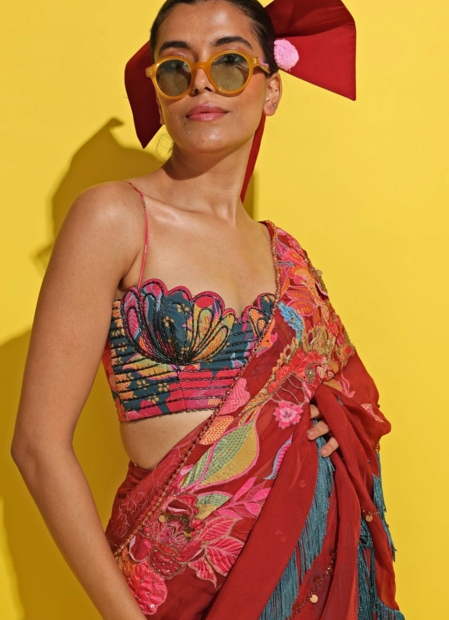 Crimson Red Organza Pre-Draped Saree