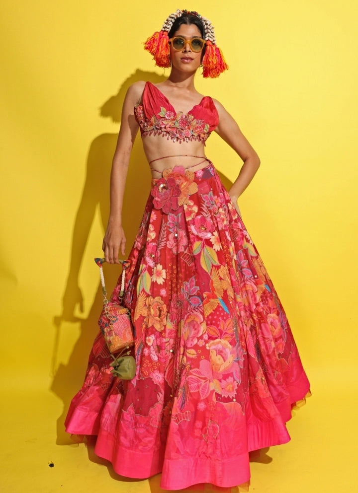 Crimson Red Printed Crepe Lehenga Set