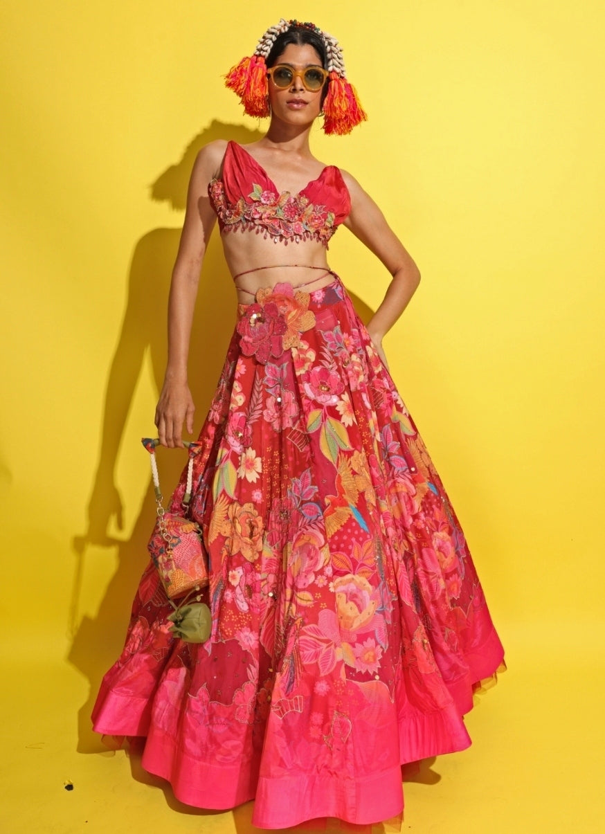 Crimson Red Printed Crepe Lehenga Set