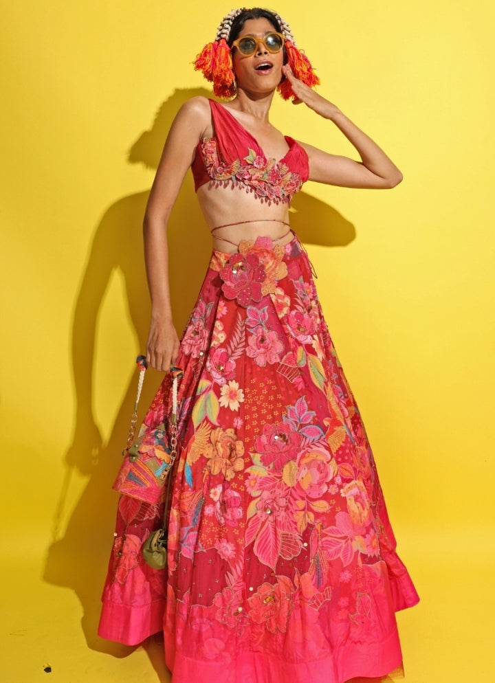 Crimson Red Printed Crepe Lehenga Set