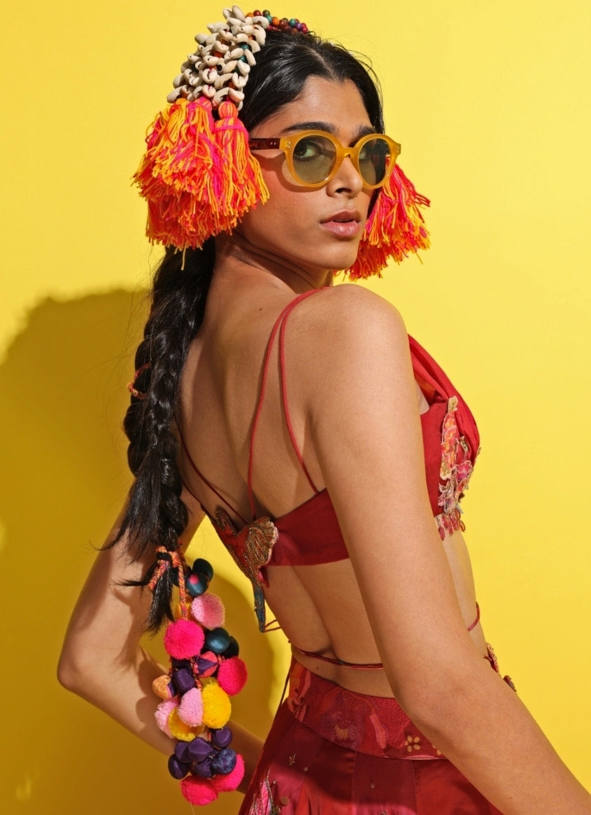 Crimson Red Printed Crepe Lehenga Set