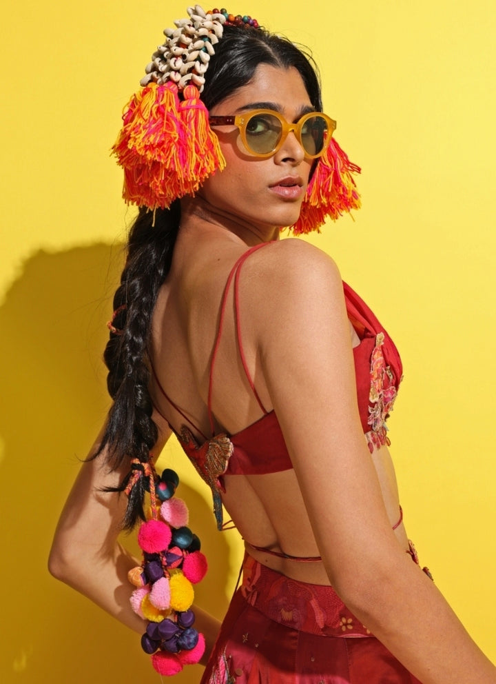 Crimson Red Printed Crepe Lehenga Set