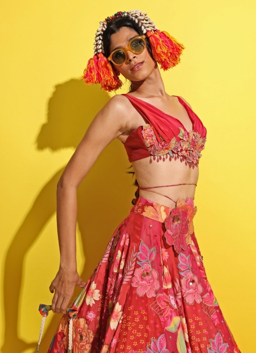 Crimson Red Printed Crepe Lehenga Set