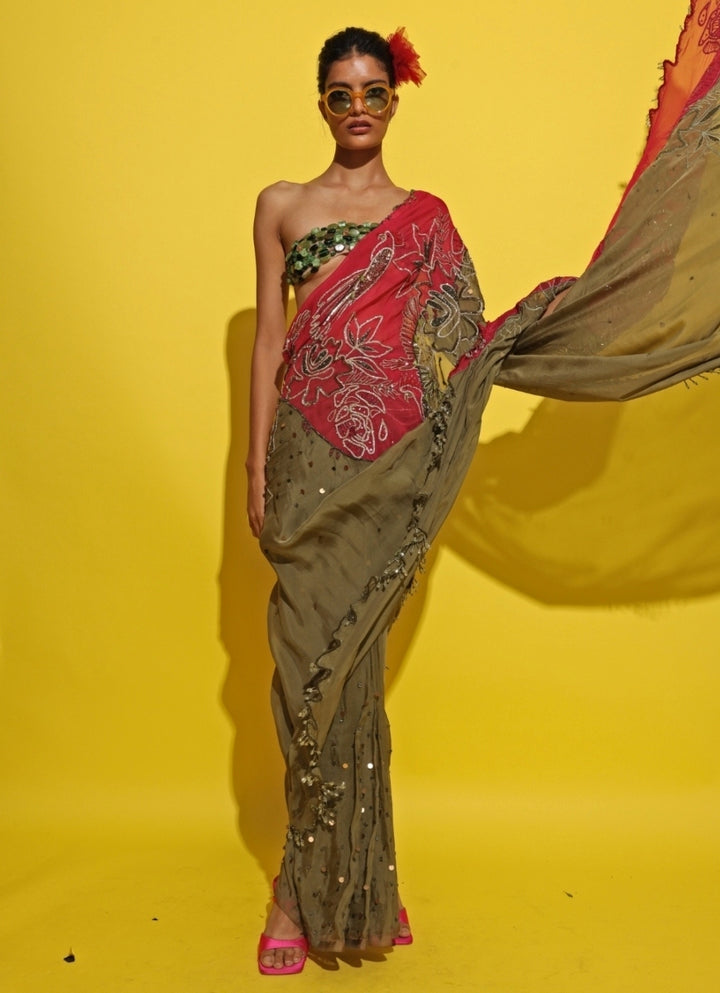 Crimson Red And Green Crepe Saree