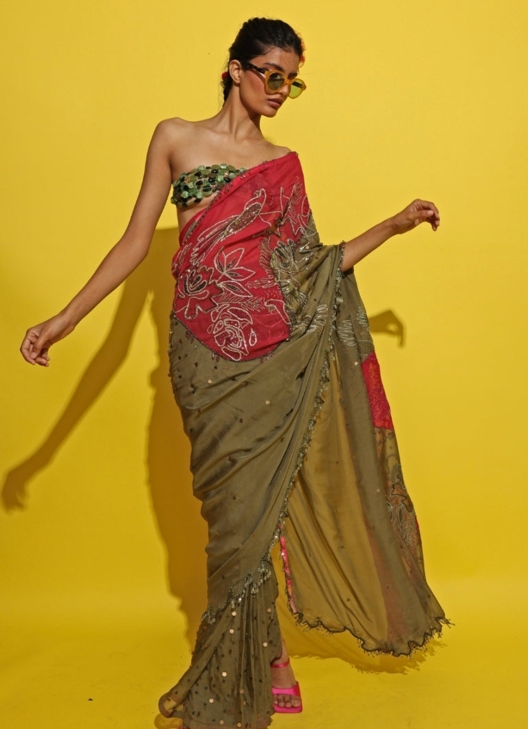 Crimson Red And Green Crepe Saree